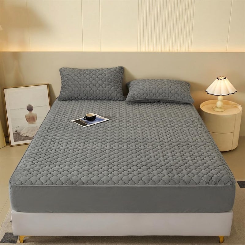 Pangzi Solid Flannel Plush Bedding Fitted Sheet,Velvety Soft Heavyweight Non-Slip Protective Cover for Bed Mattress (King, Gray) - Image 1